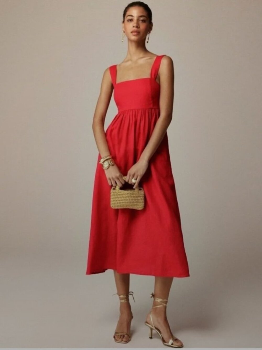 J. Crew NWT Linen Squareneck Midi Dress in Red - Size 24